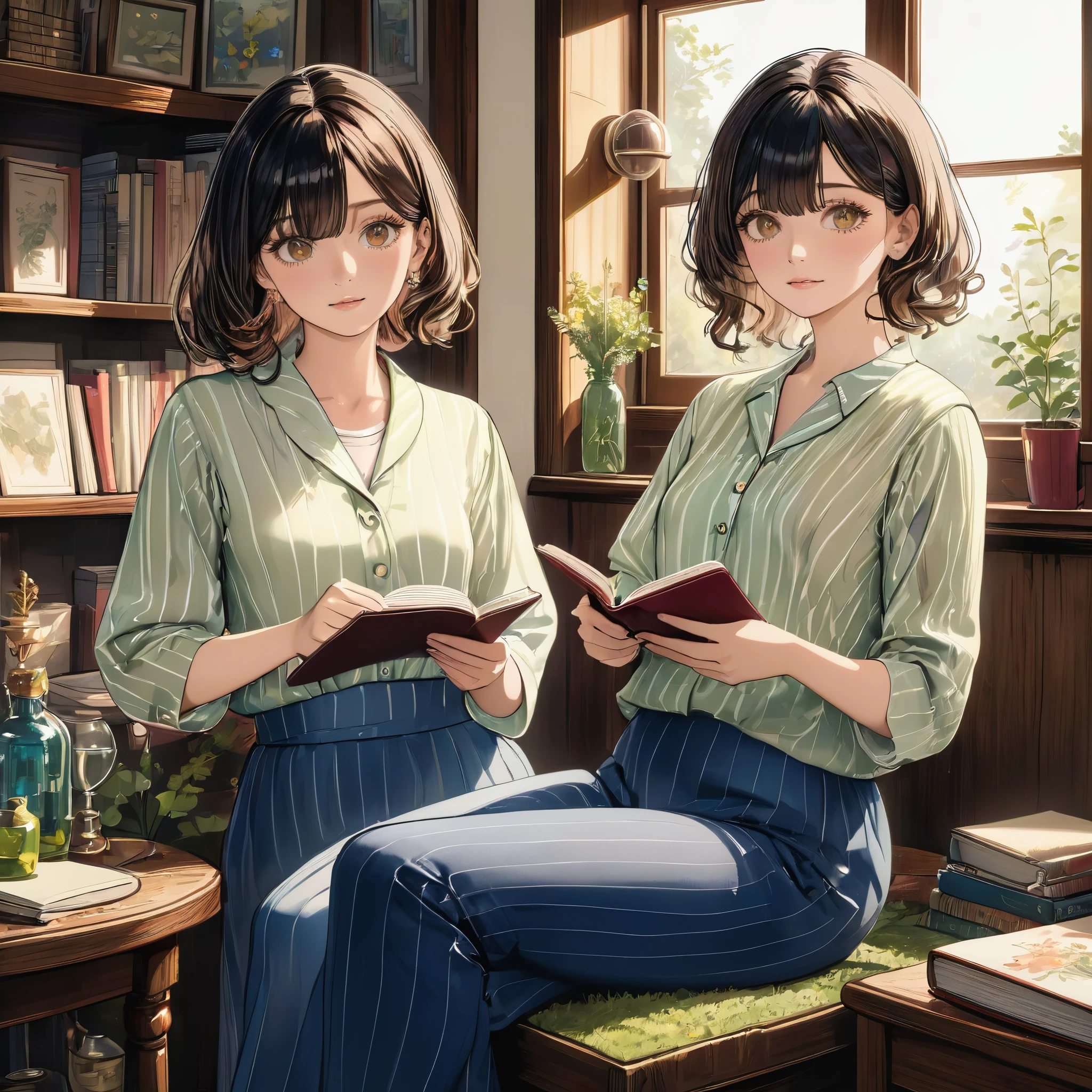 ((Very detailed), #c2894b Background, book store, window, afternoon, sunlight, Cozy atmosphere, Lots of bookshelves, Detailed antique binding of a book, Two butterflies, Rich gradation, Watercolor pattern in muted colors), ((Cinematic), Warm and soft lighting, art nouveau watercolor), ((Ultra-detailed, Beautiful Face, 2 girls), Very detailed, short hair, blue eyes, cute, Sitting cross-legged on the floor, Reading avidly, Open a book on your lap, Beautiful eyes drawn in detail, Staring at a book, smile, Dynamic Angle)), Anime-style image of two women sitting in a library and reading books, Gweiz-style artwork, Digital anime illustration