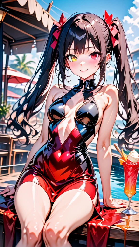 (Highest quality 16k),(Ephemeral),(Detailed and delicate),1girl,Kurumi (Date A Live) solo,long hair,happy expression,beautiful smile,beautiful Summer liquid Dress,Looking at the viewer,sitting on an outdoor restaurant table,ice cream,sunny day,(Summer:1.3),(Masterpiece:1.2),(Best quality:1.2),newest,ai-generated,realistic,manhwa,Tokisaki Kurumi,black hair,twintails,heterochromia,red eye,yellow eye,clock eyes, liquid dress