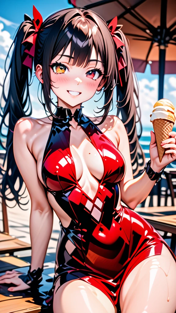 (Highest quality 16k),(Ephemeral),(Detailed and delicate),1girl,Kurumi (Date A Live) solo,long hair,happy expression,beautiful smile,beautiful Summer liquid Dress,Looking at the viewer,sitting on an outdoor restaurant table,ice cream,sunny day,(Summer:1.3),(Masterpiece:1.2),(Best quality:1.2),newest,ai-generated,realistic,manhwa,Tokisaki Kurumi,black hair,twintails,heterochromia,red eye,yellow eye,clock eyes, liquid dress