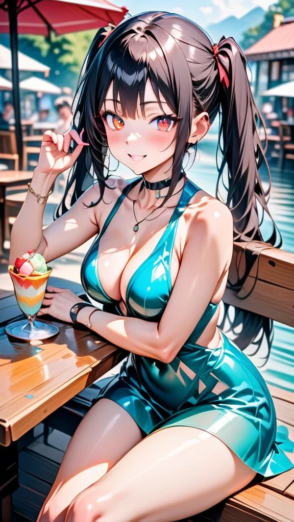 (Highest quality 16k),(Ephemeral),(Detailed and delicate),1girl,Kurumi (Date A Live) solo,long hair,happy expression,beautiful smile,beautiful Summer liquid Dress,Looking at the viewer,sitting on an outdoor restaurant table,ice cream,sunny day,(Summer:1.3),(Masterpiece:1.2),(Best quality:1.2),newest,ai-generated,realistic,manhwa,Tokisaki Kurumi,black hair,twintails,heterochromia,red eye,yellow eye,clock eyes, liquid dress