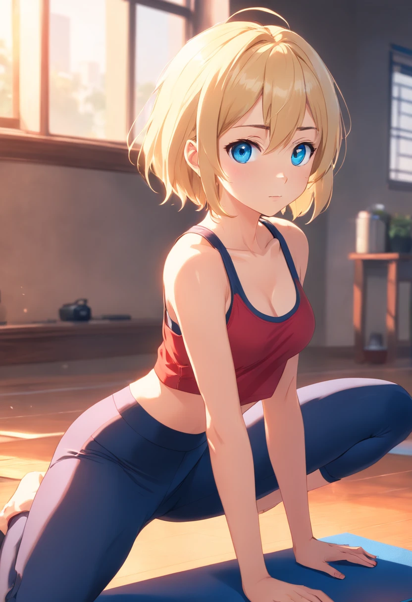 17 years old Women, ((Blonde)), ((Blue eyes)), ((Short hair)), ((Full Body)), doing a yoga pose dressed in underwear and red bra, the shot is wide