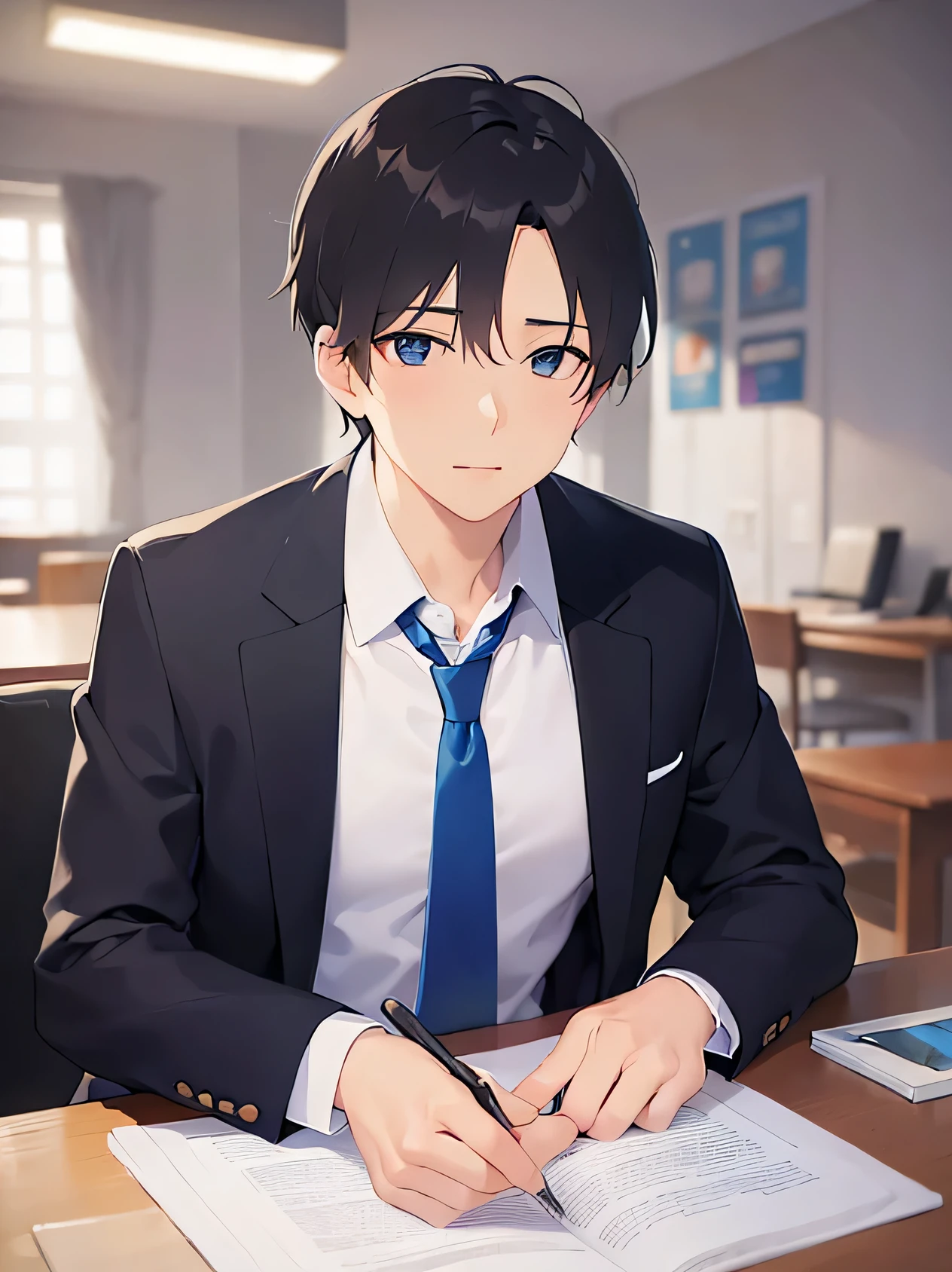 masterpiece、highest quality、(A 29-year-old man:1.5) and (Black short hair) and (blue eyes), (Wearing a suit:1.5) and (White collared shirt) and (Blue tie)、（sleepy:1.5）and（sitting at a desk）、The background is the office、Alone