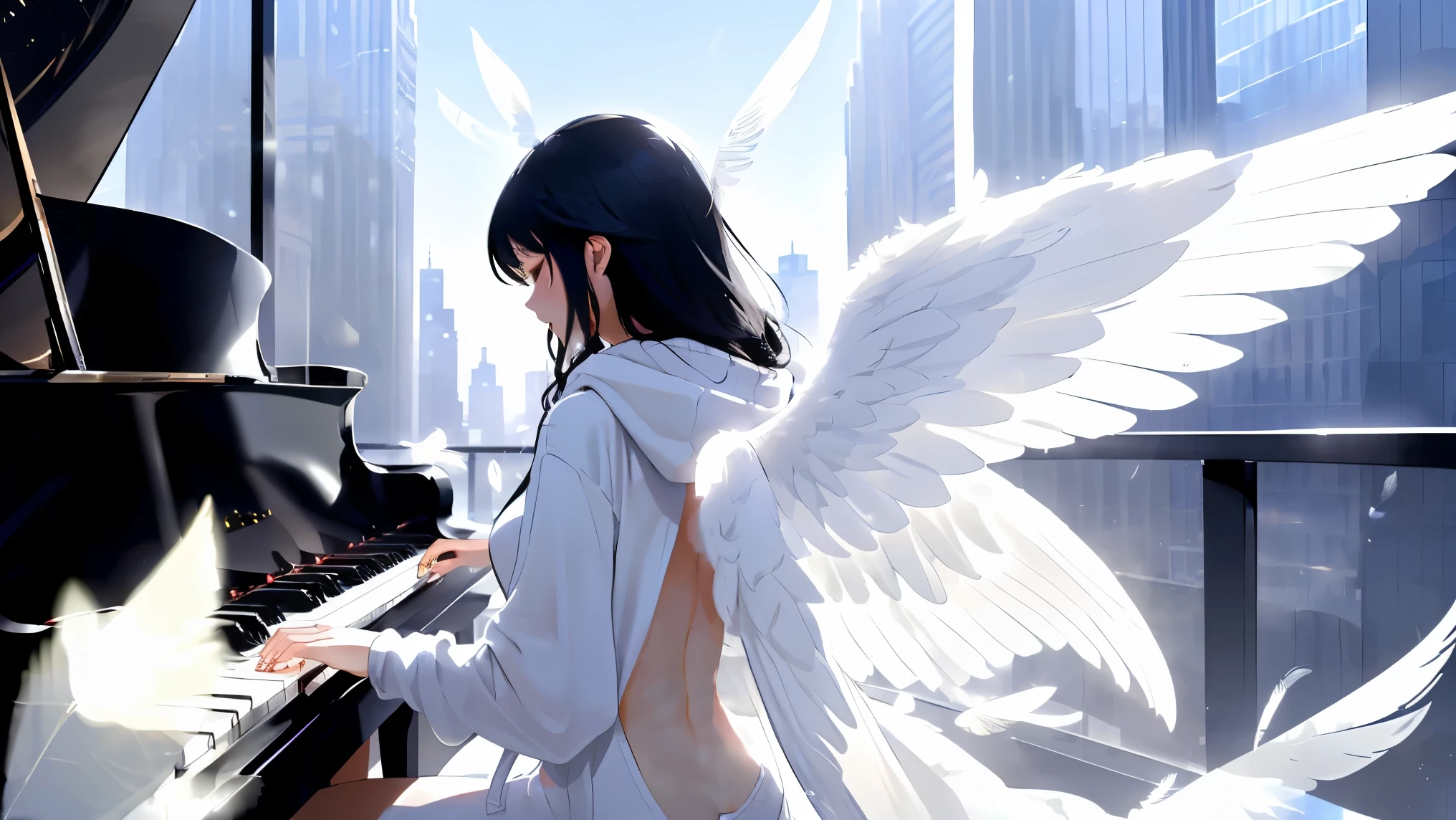 ((countless feathers in the sky)), high quality, grand piano on top of skyscraper, lone pianist, angel, ((woman in white hoodie playing piano and singing)), ((woman has two large white translucent multi- meter wings on her back)), cool woman, playing in crowd, fantastic, New York City scenery, long black hair. ((Only two wings))
