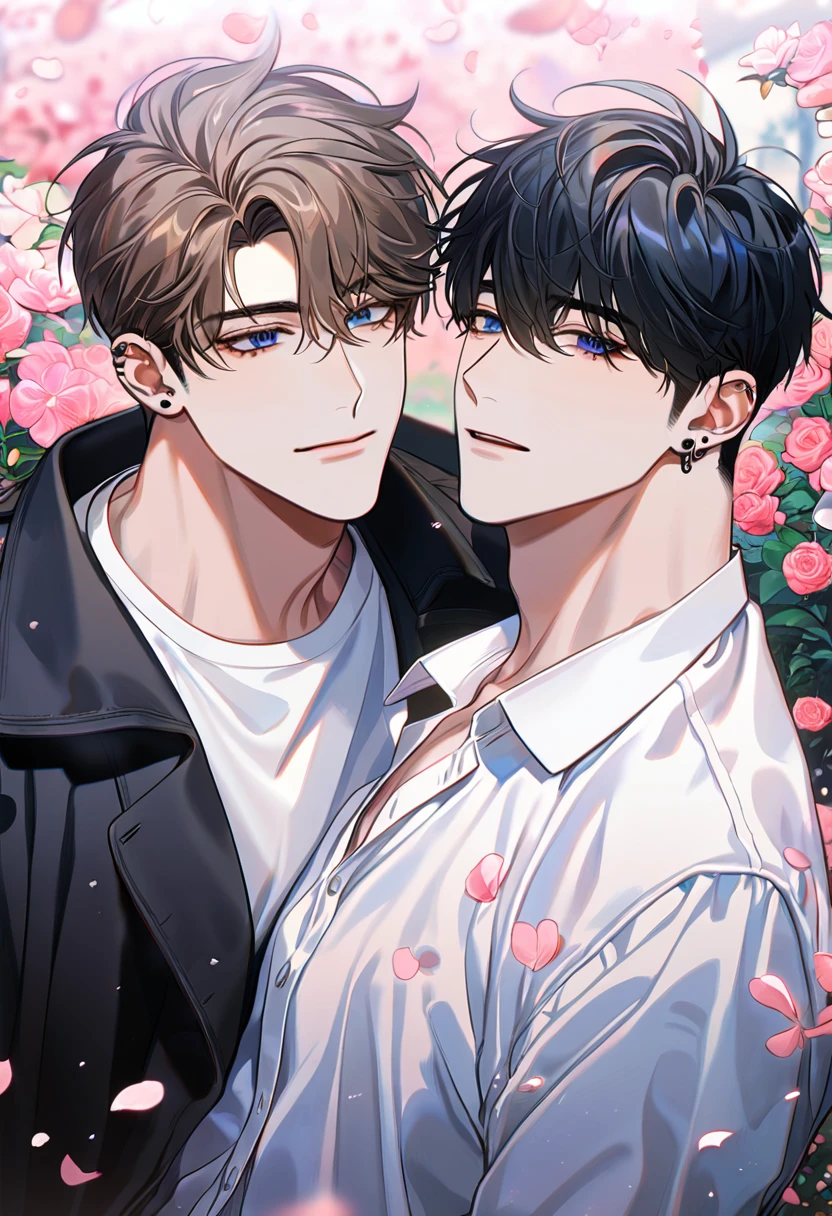 absurdres, highres, ultra detailed, HDR, master piece, best quality, Kang Woojin, black messy hair, expressive dark blue eyes, ear piercings, Lim Haegyung, brown messy short hair, expressive blue eyes, Love Jinx, 2men together, gay couple, handsome, black coat, white shirt, petals, garden, pink butterflies