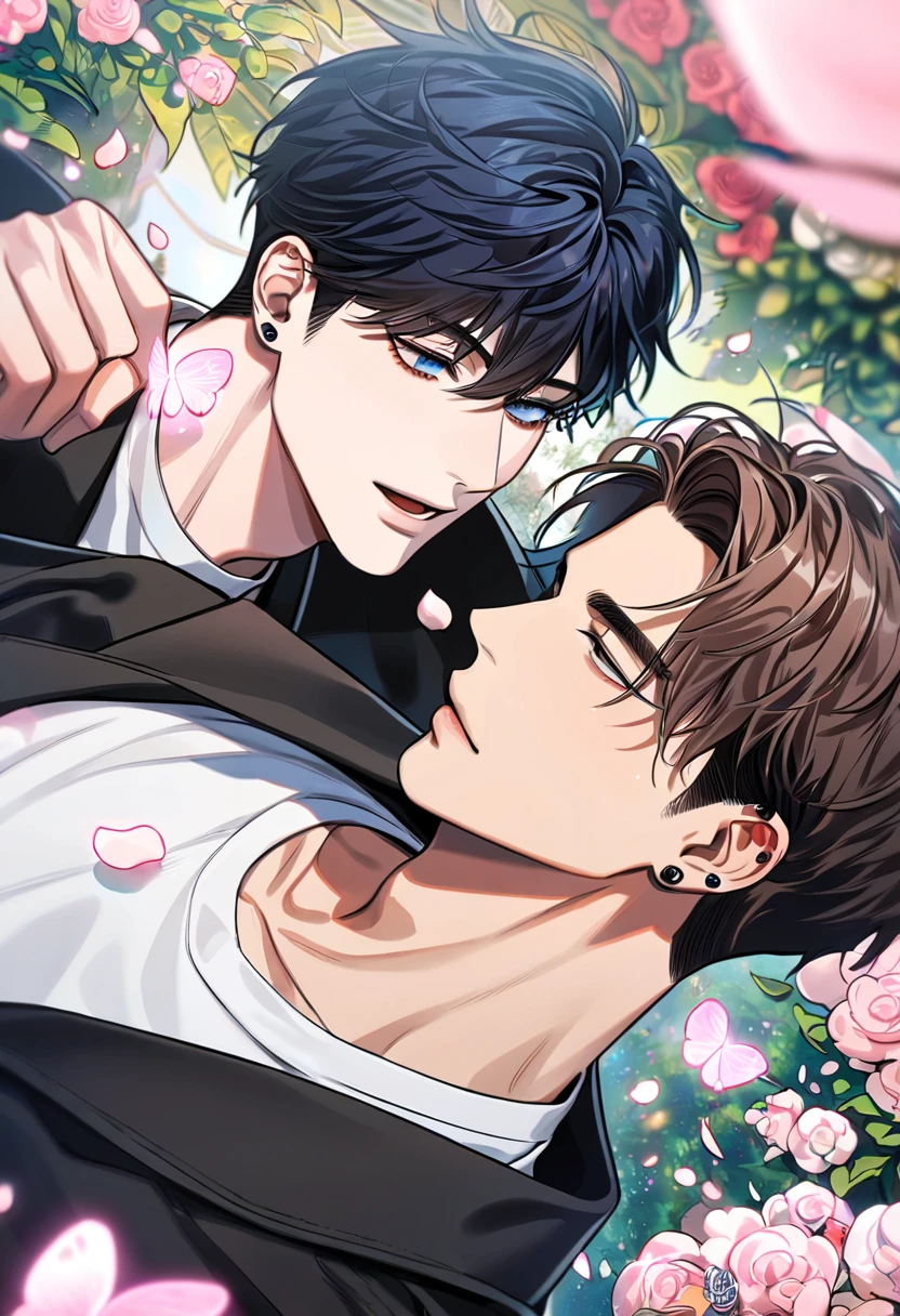 absurdres, highres, ultra detailed, HDR, master piece, best quality, Kang Woojin, black messy hair, expressive dark blue eyes, ear piercings, Lim Haegyung, brown messy short hair, expressive blue eyes, Love Jinx, 2men together, gay couple, handsome, black coat, white shirt, petals, garden, pink butterflies