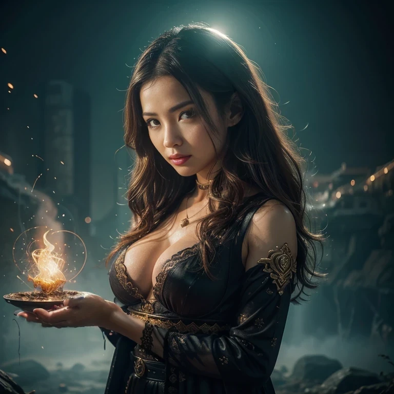 一人のlikeく非常に美しい女性、Beautiful Face、Ideal proportions、Big Breasts（Big Breasts：1.1）、Powerful sorceress、Legendary magician、like々Beautiful appearance、SF、Fantasy、A fusion of advanced technology and magic、Future and Tradition、Stylish clothing that combines tradition and innovation、(Cast powerful spells and enchantments:1.37)、 （highest quality、4k、8k、High resolution、masterpiece：1.2）、Super detailed、（Real、Photorealistic、Photorealistic：1.37）、HDR、UHD、Professional Lighting、Bright colors、Sharp focus、Breathtaking scenic backdrop、Magical Aura、Glowing energy、Captivating Sparks、Swirling particles、High-tech magic wand、Glowing Rune、Intense visual effects、Otherworldly atmosphere、Ethereal beauty,COMG3O