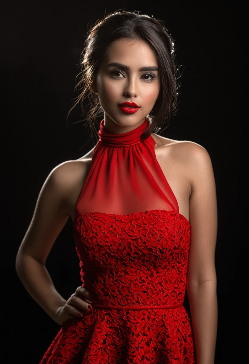 melhor qualidade, obra de arte, high resolution, 1 garota, cachecol vermelho, hair ornament,colar, joia,rosto bonito,sobre_corpo, efeito tyndall,fotorrealista, dark studio, rim lighting, two tone lighting,(pele altamente detalhada:1.2), 8k hd, dslr, soft lighting, alta qualidade, volumetric lighting, candid, fotografia, high resolution, 4K, 8k, Bokeh, de vestido vermelho