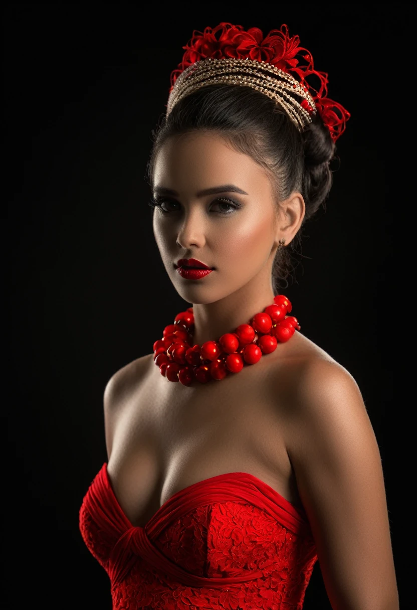 melhor qualidade, obra de arte, high resolution, 1 garota, cachecol vermelho, hair ornament,colar, joia,rosto bonito,sobre_corpo, efeito tyndall,fotorrealista, dark studio, rim lighting, two tone lighting,(pele altamente detalhada:1.2), 8k hd, dslr, soft lighting, alta qualidade, volumetric lighting, candid, fotografia, high resolution, 4K, 8k, Bokeh, de vestido vermelho