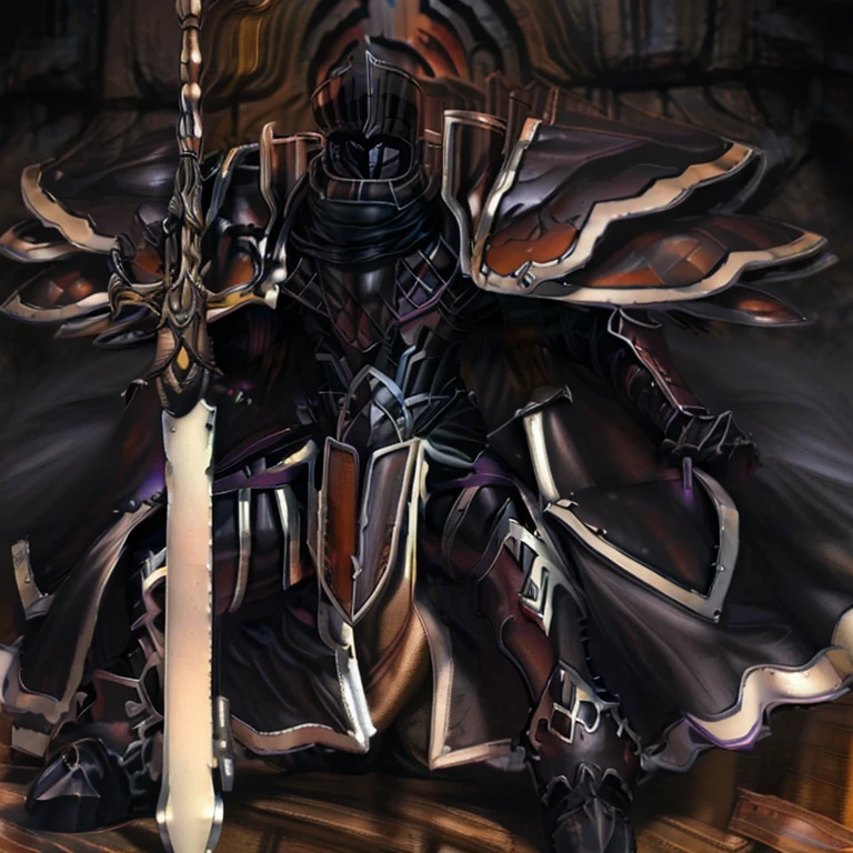 (masterpiece, best quality, detailed:1.2) BlackKnight_fe, Armor, Cape, Helmet, Sword, shield, The cloak is black color, polished armor, armor is shiny, castle, Heroic pose, sitting on the throne, whole body shines like metal. has a huge sword and shield. wearing a dark bodysuit underneath, black bodysuit,