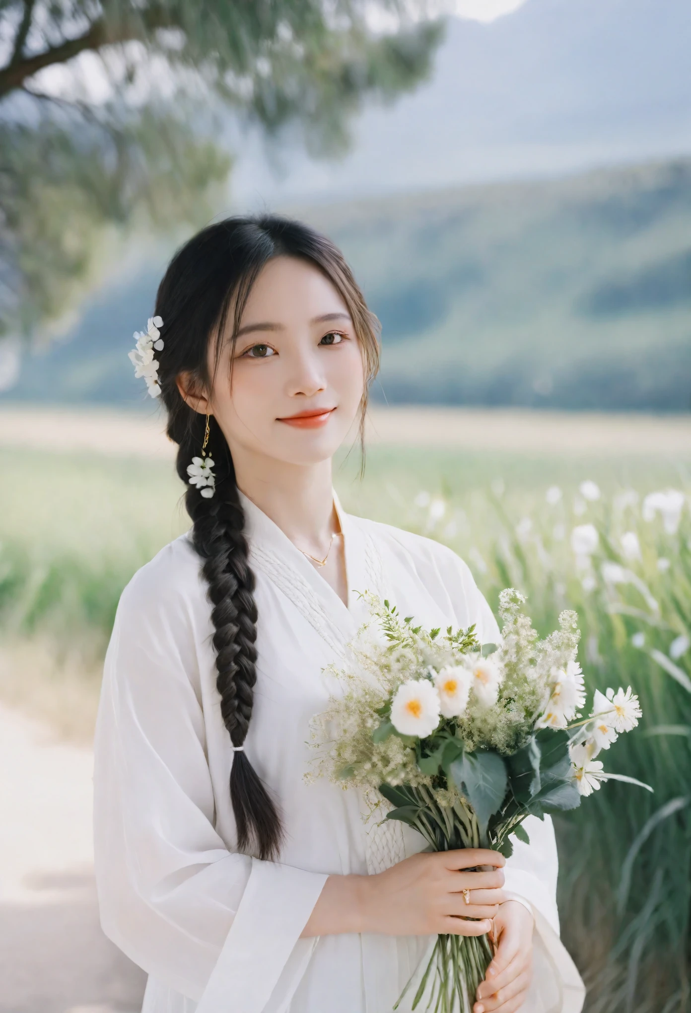 Film photography,Kodak gold 200 shooting,woman,Asian ethnicity,braided hair,white dress,holding flowers,natural light,bokeh background,portrait,serene expression,outdoors,daylight,fine art photography,soft focus,young adult,elegance,silver bracelet,floral bouquet,greenery,pastoral scene,warm tones,depth of field,natural makeup.,, 8K,masterpiece, best quality:1.2,ultrahigh-res,