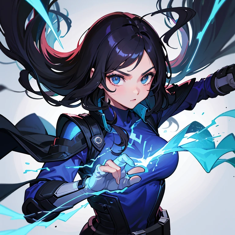 In the black free fire game style image, a striking African-American Asian woman is depicted. Her hair, which is curly and voluminous, is tied up with loose strands, showcasing its natural texture and bounce.Framing her face is a long-sleeved black blouse, reminiscent of a turtleneck. She turns her head slightly to the side, facing the camera with an enigmatic expression. The background is a solid black canvas, illuminated by electric blue lightning, adding an electric and dynamic energy to the scene.