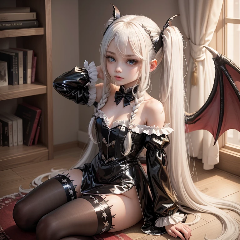 12 year old vampire girl long white hair with pigtails vampire wings on her head dressed in latex with mayons, is in a furnished room. kiddy