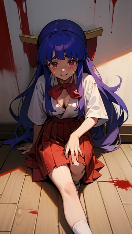 Furude rika socks older long hair shrine maiden red hakamo red skirt cleavage breasts white shirt. stabbed blood knife crying blood on walls, wooden floor blood on ground, blood on walls