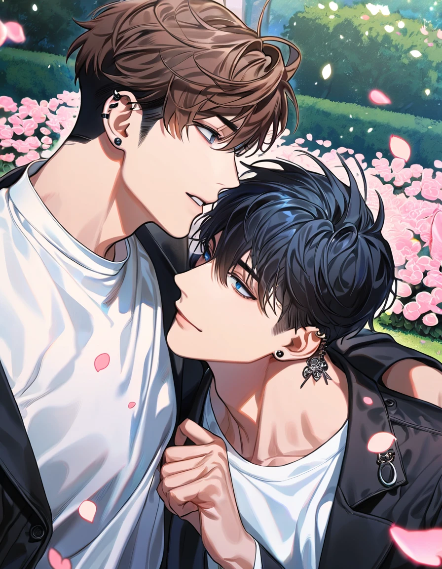 absurdres, highres, ultra detailed, HDR, master piece, best quality, Kang Woojin, black messy hair, expressive dark blue eyes, ear piercings, Lim Haegyung, brown messy short hair, expressive blue eyes, Love Jinx, 2men together, gay couple, handsome, black coat, white shirt, petals, garden, pink butterflies