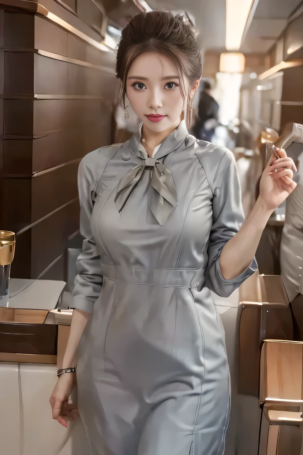Starlux Airlines silver short sleeve uniform、Earrings、Captivating look、Long hair updo、Evening updo、Young Asian Woman