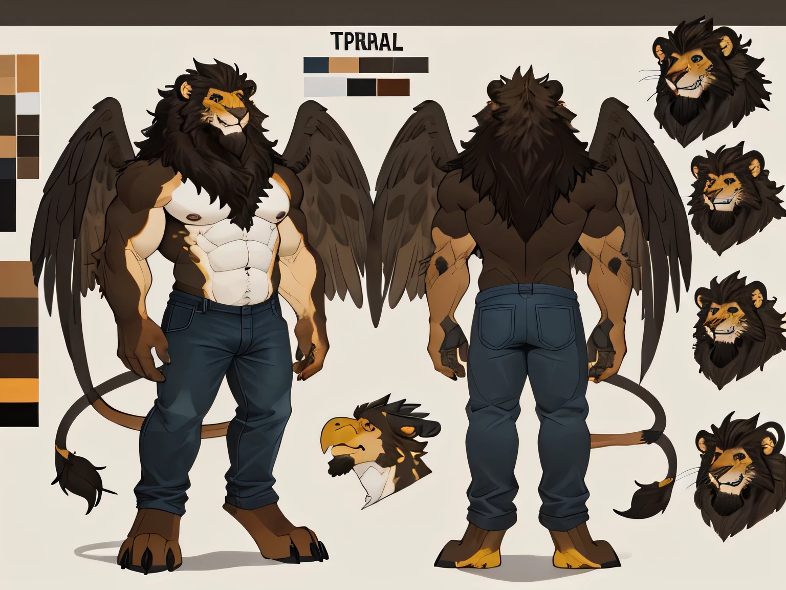 Papa, A "lion", full body, yellow eyes , , smuggle, jeans . Anthropomorphic, furry character, "eagle wings" ,character design, goat character, brown paws, muscles, male, full body , simple foggy background , long hair,tall, full body, ref sheet