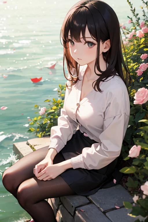 masterpiece, highest quality, One Girl, Thighs, beautiful girl, Flowers, Lots of small petals, Small waist, Large Breasts、RAWphotograph,Hands are precise、Bright lighting、Face Light, Ultra-realistic, High resolution, photograph, Sharp focus, Highly detailed eyes and face,Symmetrical face、Lightweight cardigan、White shirt、Tight Skirt、pantyhose、sneakers、Sitting on the riverbank