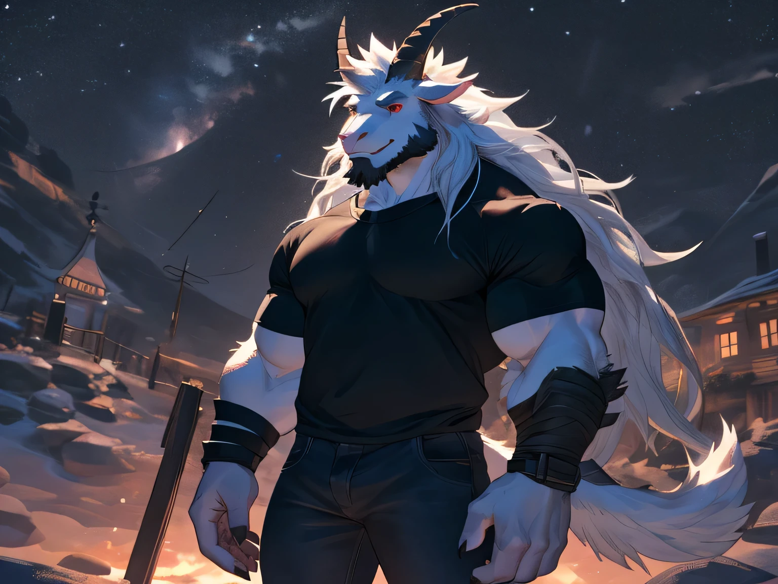 Azazel, A pure white"goat", full body, red eyes , tattoo on neck, grin, smuggle, jeans and black shirt. Anthropomorphic, furry character, "white goat" ,character design, goat character,cloven hoof, muscles, male, full body , "white" long hair,tall, full body, A furry goat character, white furry and black shirt , anthropomorphic goat male, furry character, furry character portrait, an anthro white goat, commission for high res, furry fursona, long hair, goat Beards, muscle , looking at stars, in a beautiful night, cinematic view