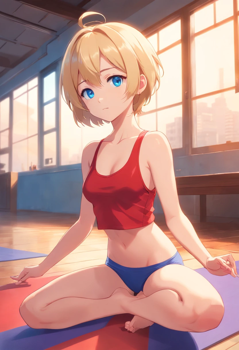 Women, ((Blonde)), ((Blue eyes)), ((Short hair)), ((Full Body)), doing a yoga pose dressed in underwear and red bra, the shot is wide