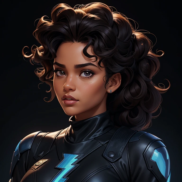 ((Black free fire game style female character)), ((arafed woman))((African-American Asian)), ((With black curly hair tied up with some loose strands)), ((And a black long-sleeved blouse purchased turtleneck written Girl)),((She is facing the camera looking to the side, black background and blue lightning))Garota negra, with hair that is curly and appears to be quite voluminous.The natural style of the curls suggests that the hair has a texture that retains the shape of the curls well. Dark brown eyes black image background with blue lightning