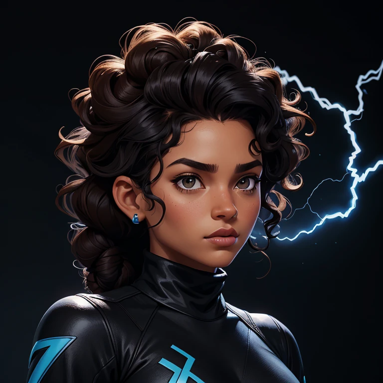 ((Black free fire game style female character)), ((arafed woman))((African-American Asian)), ((With black curly hair tied up with some loose strands)), ((And a black long-sleeved blouse purchased turtleneck written Girl)),((She is facing the camera looking to the side, black background and blue lightning))Garota negra, with hair that is curly and appears to be quite voluminous.The natural style of the curls suggests that the hair has a texture that retains the shape of the curls well. Dark brown eyes black image background with blue lightning