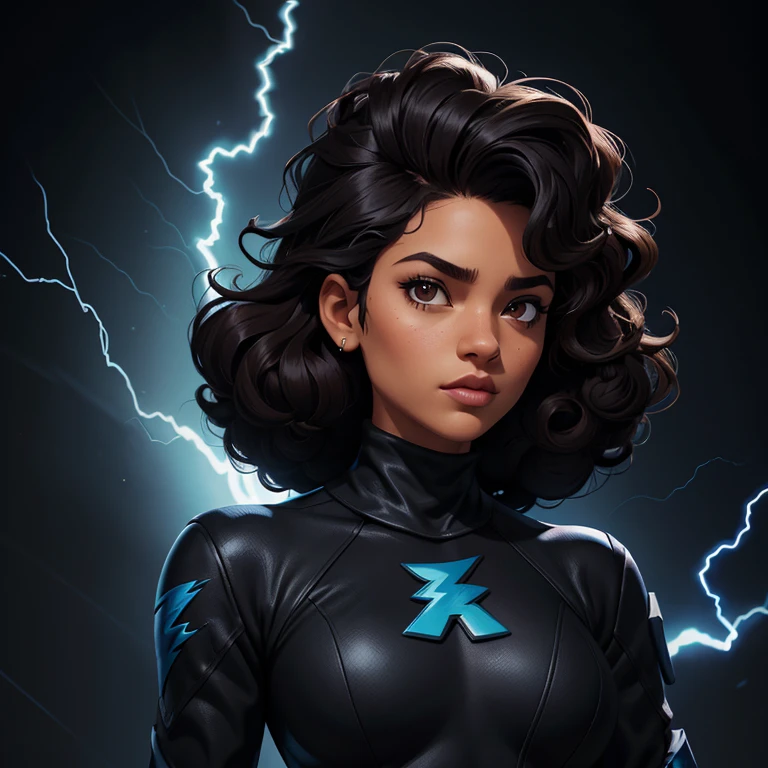 ((Black free fire game style female character)), ((arafed woman))((African-American Asian)), ((With black curly hair tied up with some loose strands)), ((And a black long-sleeved blouse purchased turtleneck written Girl)),((She is facing the camera looking to the side, black background and blue lightning))Garota negra, with hair that is curly and appears to be quite voluminous.The natural style of the curls suggests that the hair has a texture that retains the shape of the curls well. Dark brown eyes black image background with blue lightning