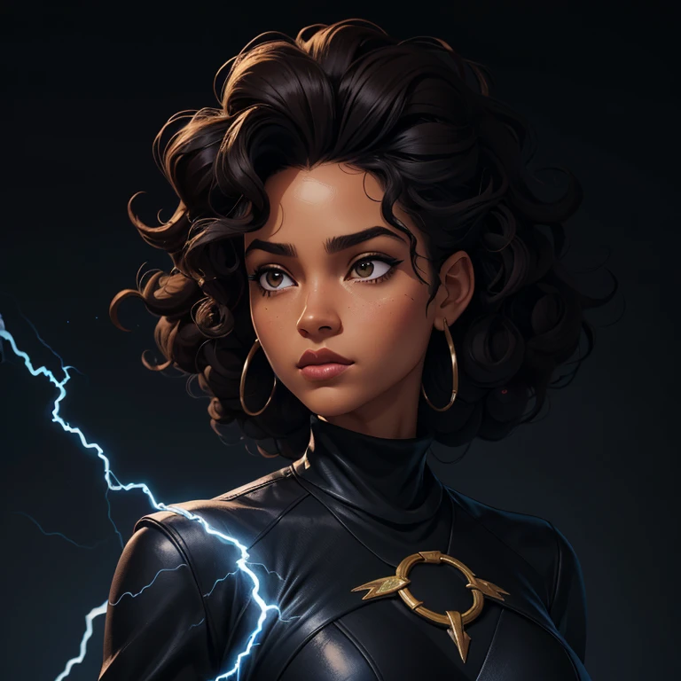 ((Black free fire game style female character)), ((arafed woman))((African-American Asian)), ((With black curly hair tied up with some loose strands)), ((And a black long-sleeved blouse purchased turtleneck written Girl)),((She is facing the camera looking to the side, black background and blue lightning))Garota negra, with hair that is curly and appears to be quite voluminous.The natural style of the curls suggests that the hair has a texture that retains the shape of the curls well. Dark brown eyes black image background with blue lightning