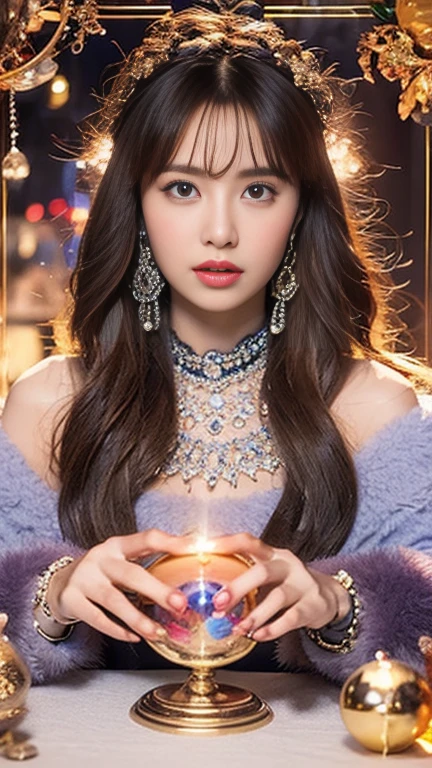 A beautiful gypsy woman tarot card reader looking at me with her crystal ball
