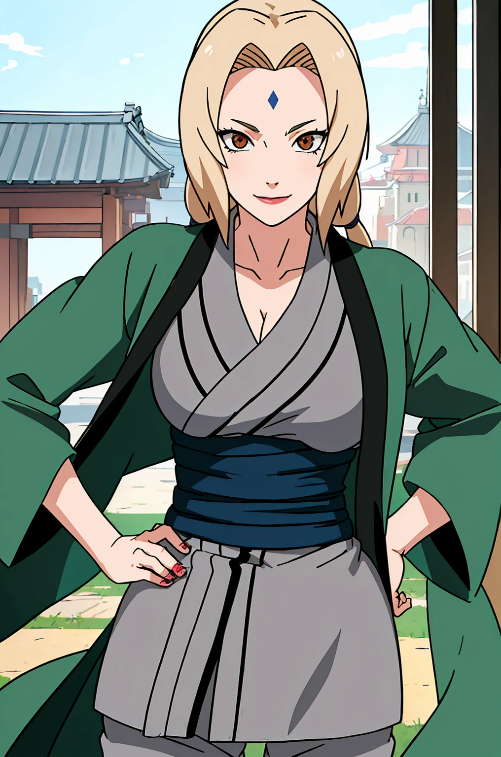 (masterpiece, highest quality:1.2), alone, One Girl, Tsunade Defense, Forehead mark, smile, View your audience, Hands on hips, kimono, Green haori, Gray kimono, sash, pants 、Upper body close-up、Close-up of a person