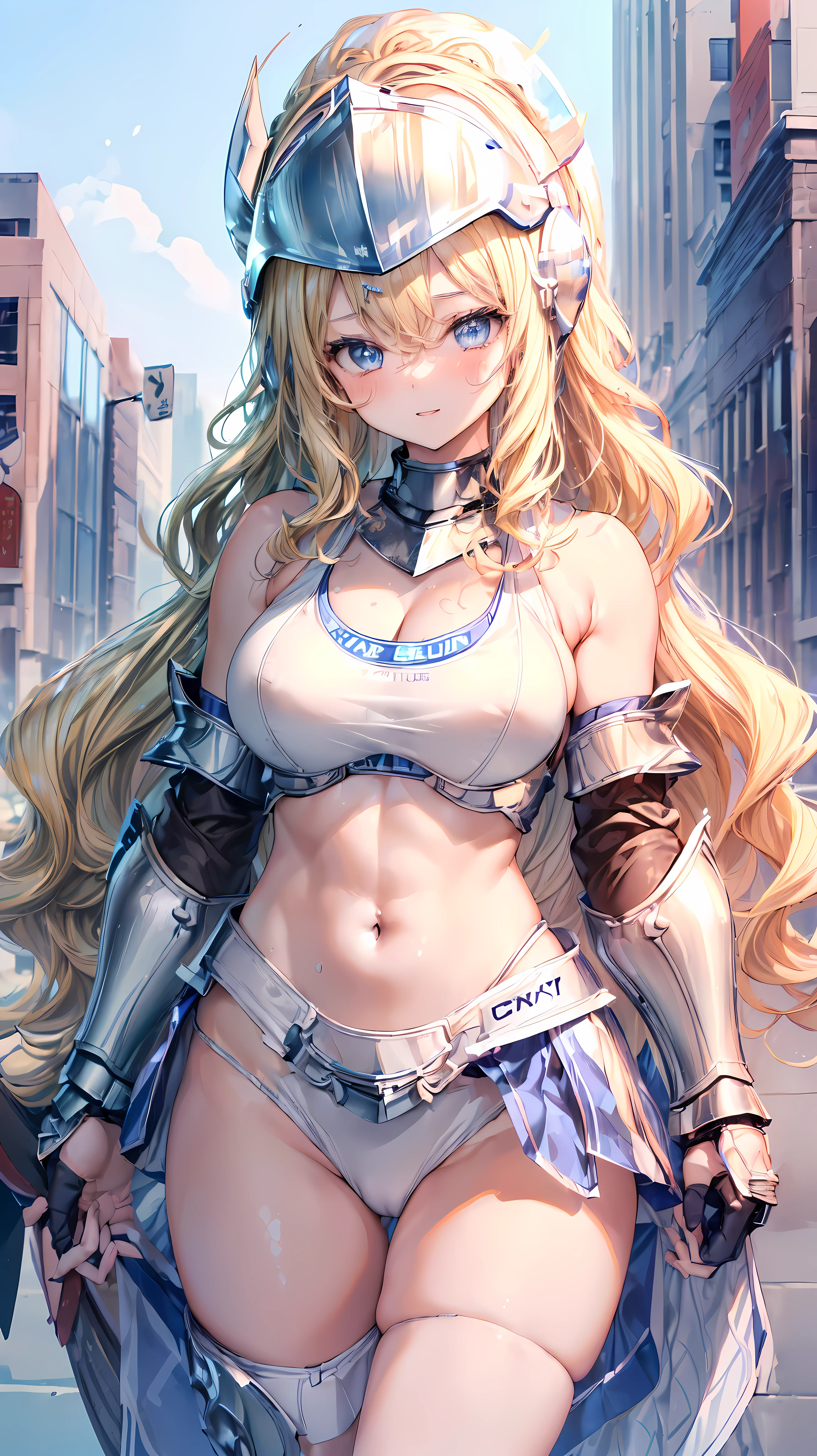 (Adult women:1.5)、Very detailed、highest quality、Best image quality、masterpiece、8k、Anime Face、A kind smile、Open your mouth、Sparkling blue eyes、(Blonde Wavy Hair:1.5)、、Muscles of the whole body、camisole、Thigh belt、mini skirt、(Wearing white bikini armor:1.5)、(Cowboy Shot:1.5)、(Leg armor:1.5)、(Wearing a helmet:1.5)