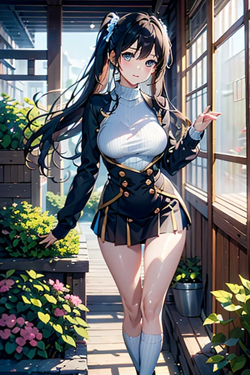 masterpiece, highest quality, One Girl, Thighs, beautiful girl, Flowers, Lots of small petals, Small waist,  Large Breasts、RAWphotograph,Hands are precise、Face Light, Dynamic Lighting, Ultra-realistic, High resolution, photograph, Sharp focus, Highly detailed eyes and face,Symmetrical face、sweater、mini skirt、Knee-high socks、Hold the watering can in your right hand、flower bed