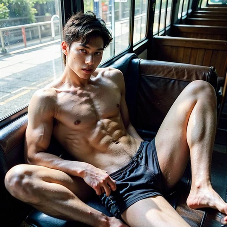 hairy legs, two block, long legs, Male, 27 years old, Japanese, wearing sexy shorts, topless , very short hair, black hair, Riding a bus, sitting on the seat, masculine boy , bodybuilder, sexy boy , epic reality , ultra realism