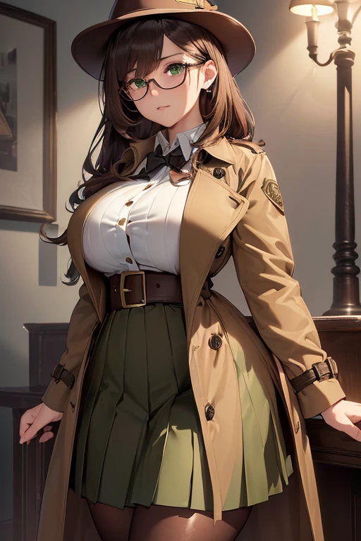 ((masterpiece)), (best quality:1.7), (detailed:1.4), (high res:1.4), 8k, (colorful:1.5), high resolution, sharped image, 4k, hd, (beautiful detailed background:1.2), (beautiful lighting:1.2), (highly detailed:1.2), perfect lighting, (8k wallpaper:1.2), (highly detailed:1.2), (extremely detailed CG:1.2), ((dark brown medium long straight hair with bangs covering an eye)), (hair bangs covering one eye), ((only dark brown hair)), ((DD bust)), ((busty)), curvy figure, (((hazel-green eyes))), (((detective outfit with brown tan trench coat and loose button blouse and a long length hazel-green pleated skirt and long stockings))), glasses, hat, serious expression, mature, ((30 year old)), human adult, tall, fullbody