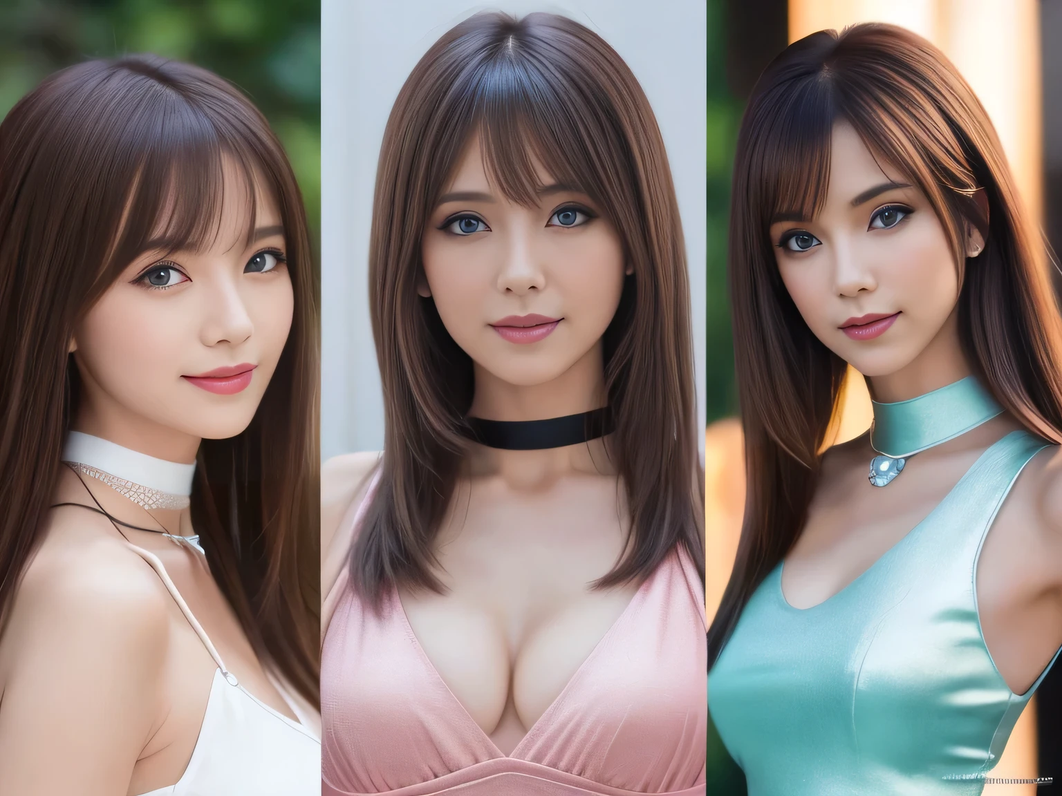 masterpiece, Multiple mature women per photo, Front view, Cute Japanese middle-aged woman, Long Bob Hair, (Light bright pink V-neck mini dress), Very cute face, Glossy Lips, Double eyelids on both eyes, Natural Makeup, (Brown Hair , Long Bob Hair), Asymmetrical bangs, High resolution, Attention to detail, Detailed hairstyle, Detailed face, Cinema Lighting, Octane Rendering, Ultra-realistic, Perfect limbs, Perfect Anatomy, Black Choker, Blue Eyes, Big Breasts, ((Slim body:1.5)), Cool Beauty, Slim face, smile, Cleavage, Fantasy World, Outdoor, ((Straight Long Hair)), Mature sex appeal, ((Servants following their master&#39;s instructions))，Big breast swelling