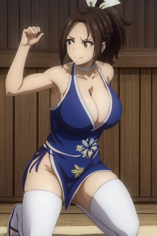 masterpiece, best quality, beautiful art, high resolution, well formed hands, body and fingers, 1 woman, solo, Hikari Hazakura, grown up, hair ribbon , adult, big breasted, cleavage, full body, long hair, hair ornament, gorgeous legs and thighs, blue_kunoichi_dress, white stockings, sleeveless, she is fighting in a combat match at a martial arts tournament, she is getting ready to fight, making her guard pose, action and fighting scene, about to hit the viewer, looking at the viewer, sweating , feeling confident and proud, smiling joyfully and happily,  charming her opponent with her beauty, fighting scene, martial arts tournament on the beach 