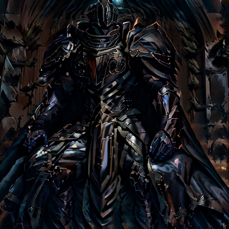 (masterpiece, best quality, detailed:1.2) BlackKnight_fe, Armor, Cape, Helmet, Sword, shield, The cloak is black color, polished armor, armor is shiny, castle, Heroic pose, sitting on the throne, whole body shines like metal. has a huge sword and shield. wearing a dark bodysuit underneath, black bodysuit,