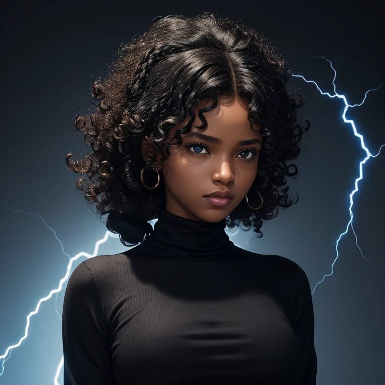 ((Black free fire game style female character)), ((arafed woman))((African)), ((With black curly hair tied up with some loose strands)), ((And a black long-sleeved blouse purchased turtleneck written Girl)),((She is facing the camera looking to the side, black background and blue lightning))