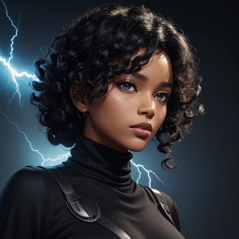 ((Black free fire game style female character)), ((arafed woman))((African-American Asian)), ((With black curly hair tied up with some loose strands)), ((And a black long-sleeved blouse purchased turtleneck written Girl)),((She is facing the camera looking to the side, black background and blue lightning))Garota negra, with hair that is curly and appears to be quite voluminous.The natural style of the curls suggests that the hair has a texture that retains the shape of the curls well. Dark brown eyes black image background with blue lightning