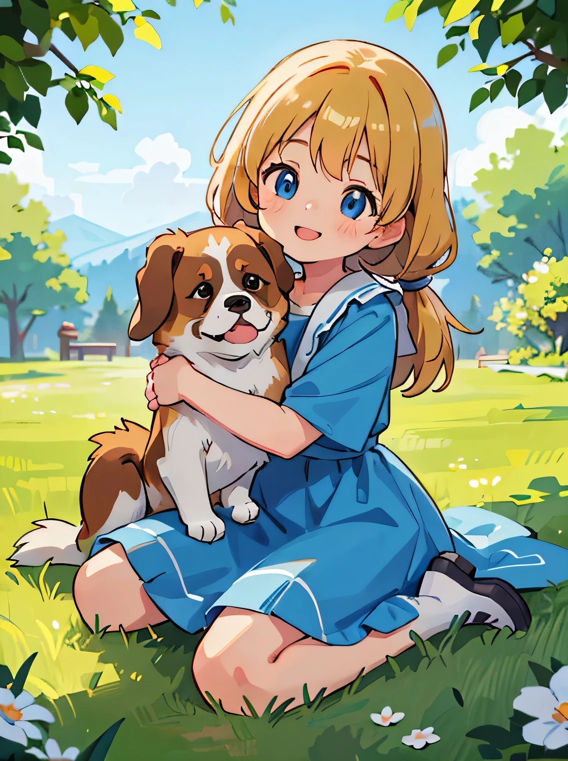 (best quality,4k,8k,highres,masterpiece:1.2), ultra-detailed, (deformed, photorealistic, photo-realistic:1.37), One girl, kawaii, cute, , , smiling happily, shining blue eyes, long fluffy blonde hair braided, blue dress, playing with one big dog, girl petting dog, girl winking at dog, dog licking girl's face, dog is a St Bernard, background is country house yard.