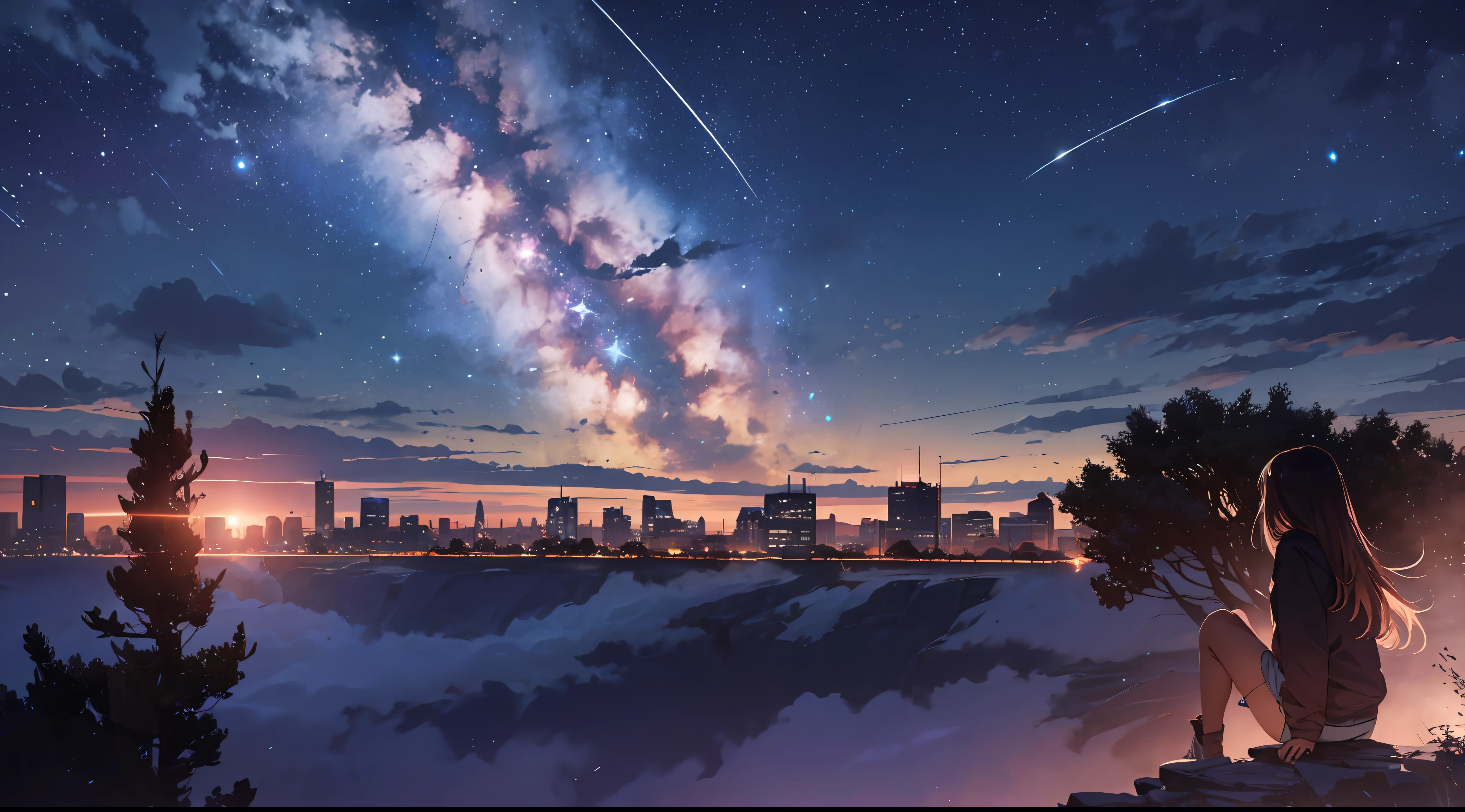 octans, sky, star (sky), scenery, starry sky, night, 1girl, night sky, solo, outdoors, building, cloud, milky way, sitting, tree, long hair, city, silhouette, cityscape
