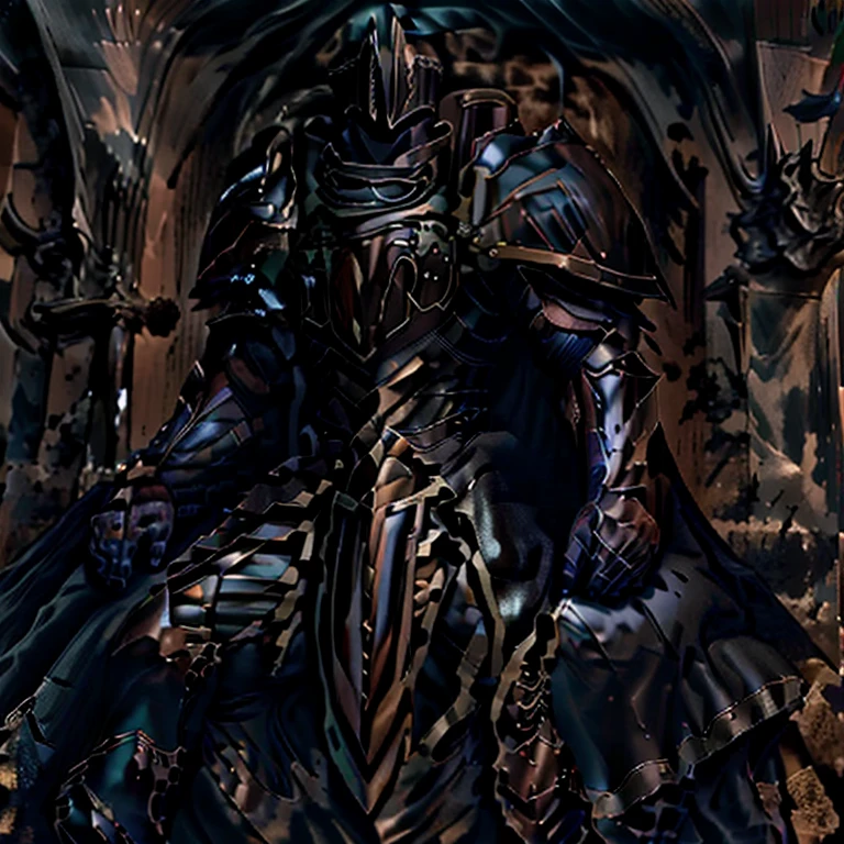 (masterpiece, best quality, detailed:1.2) BlackKnight_fe, Armor, Cape, Helmet, Sword, shield, The cloak is black color, polished armor, armor is shiny, castle, Heroic pose, sitting on the throne, whole body shines like metal. has a huge sword and shield. wearing a dark bodysuit underneath, black bodysuit,