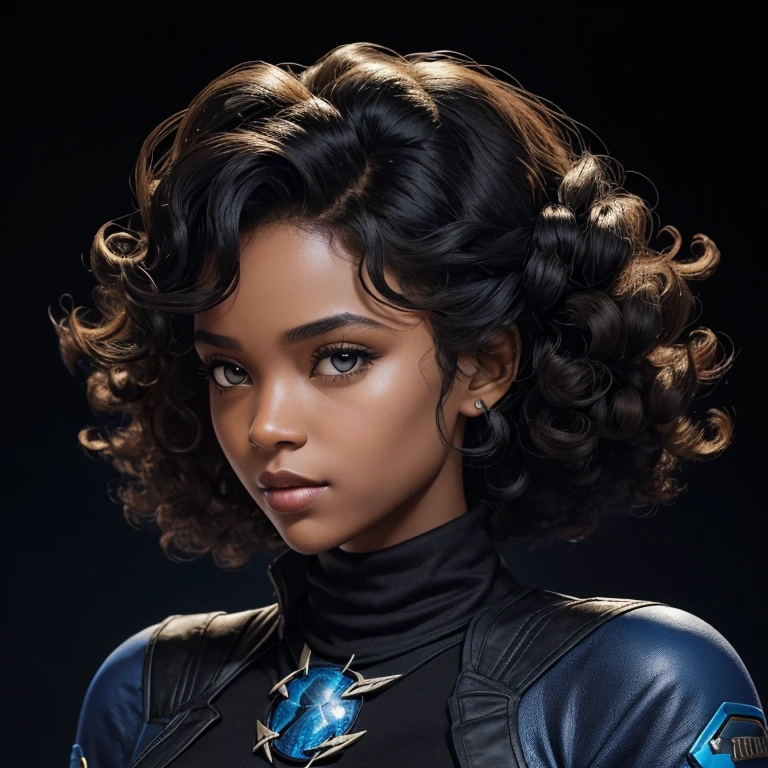 ((Black free fire game style female character)), ((arafed woman))((African-American Asian)), ((With black curly hair tied up with some loose strands)), ((And a black long-sleeved blouse purchased turtleneck written Girl)),((She is facing the camera looking to the side, black background and blue lightning))Garota negra, with hair that is curly and appears to be quite voluminous.The natural style of the curls suggests that the hair has a texture that retains the shape of the curls well. Dark brown eyes black image background with blue lightning