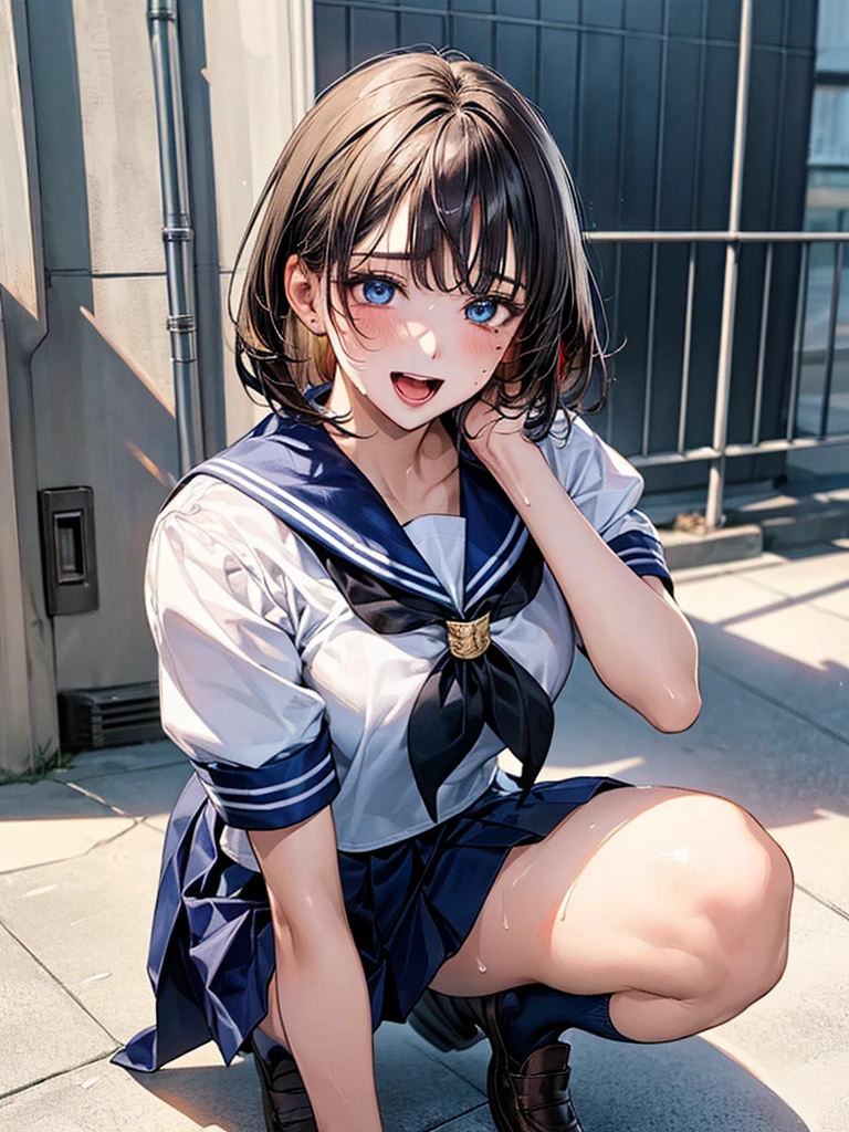 (((perfect anatomy, anatomically correct, super detailed skin))), 1 girl, japanese, high school girl, shiny skin, watching the viewer, 
beautiful hair, beautiful face, beautiful detailed eyes, (short hair:1.1, bob cut:1.2), dark blonde hair:1, blue eyes, babyface, mole under eye, 
beautiful clavicle, beautiful body, beautiful breasts, large breasts:0.5, beautiful thighs, beautiful legs, 
((short sleeves, all navy cute sailor suit, navy pleated skirt, navy sailor collar, blue sailor scarf, socks, brown loafers)), seductive thighs, , 
((ahegao, ashamed, droolng, open mouth, sweaty)), ((squatting, spread legs, hand in panties, lifting skirt myself)), 
(beautiful scenery), summer, school rooftop, building, chain-link fence, 
8k, top quality, masterpiece​:1.2, extremely detailed), (photorealistic), beautiful illustration, natural lighting, ,