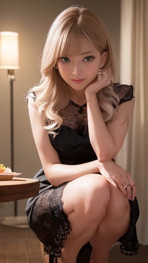 (Seeing this makes me smile with happiness、Under the Autumn Sky、Casual clothing、(Fantasy), 1 girl, Solo Images, (looks quite young), Esmanium, (Insult Strip Color Hair), (Lace dress), (Extremely realistic facial details in 8K HD:1.5 (Soft Scene, Very weak lightning), Detailed and beautiful reflection pupil, Tabletop:1.3, Ultra-high resolution:1.2, Dynamic Lighting),I can see up to my knees,