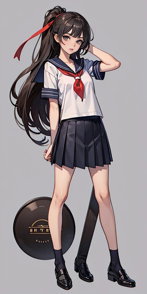 Beauty all over the body, Sailor suit, leather shoes, stand head-on, a skirt, grey background