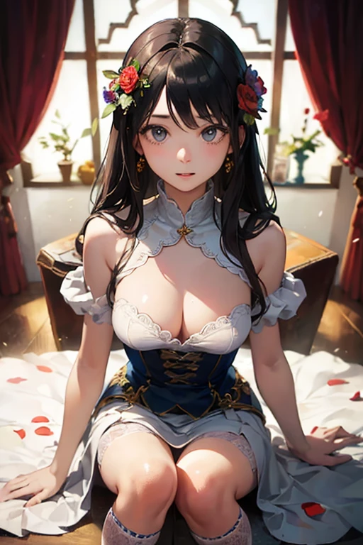 masterpiece, highest quality, One Girl, Thighs, beautiful girl, Flowers, Lots of small petals, Small waist,  Large Breasts、RAWphotograph,Hands are precise、Face Light, Dynamic Lighting, Ultra-realistic, High resolution, photograph, Sharp focus, Highly detailed eyes and face,Symmetrical face、White Dress、Frillini skirt、Knee-high socks、