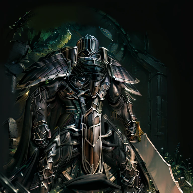 (masterpiece, best quality, detailed:1.2) BlackKnight_fe, Armor, Cape, Helmet, Sword, shield, The cloak is black color, polished armor, armor is shiny, castle, Heroic pose, sitting on the throne, whole body shines like metal. has a huge sword and shield. wearing a dark bodysuit underneath, black bodysuit,