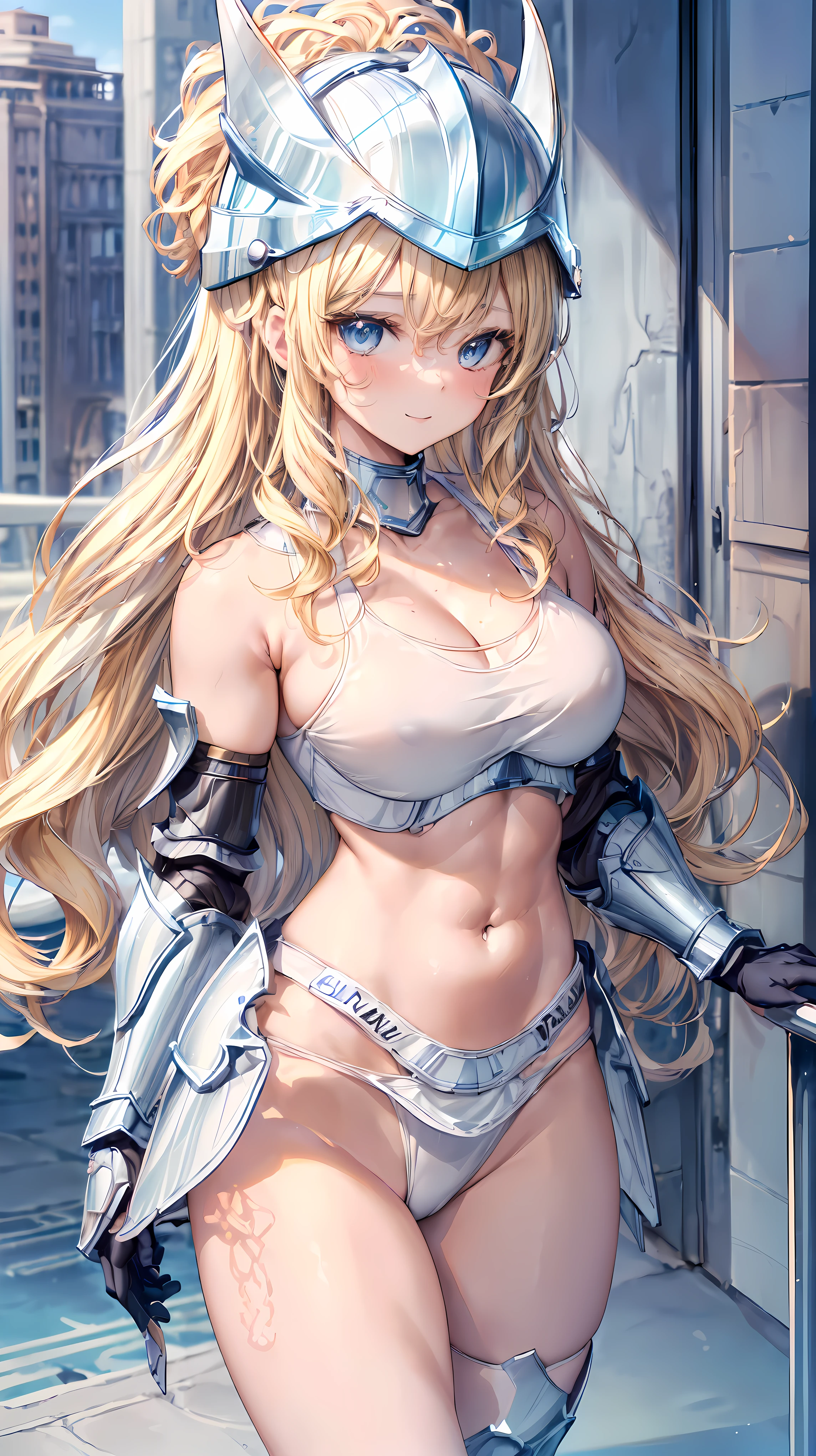 (Adult women:1.5)、Very detailed、highest quality、Best image quality、masterpiece、8k、Anime Face、A kind smile、Open your mouth、Sparkling blue eyes、(Blonde Wavy Hair:1.5)、、Muscles of the whole body、camisole、Thigh belt、mini skirt、(Wearing white bikini armor:1.5)、(Cowboy Shot:1.5)、(Leg armor:1.5)、(Wearing a helmet:1.5)