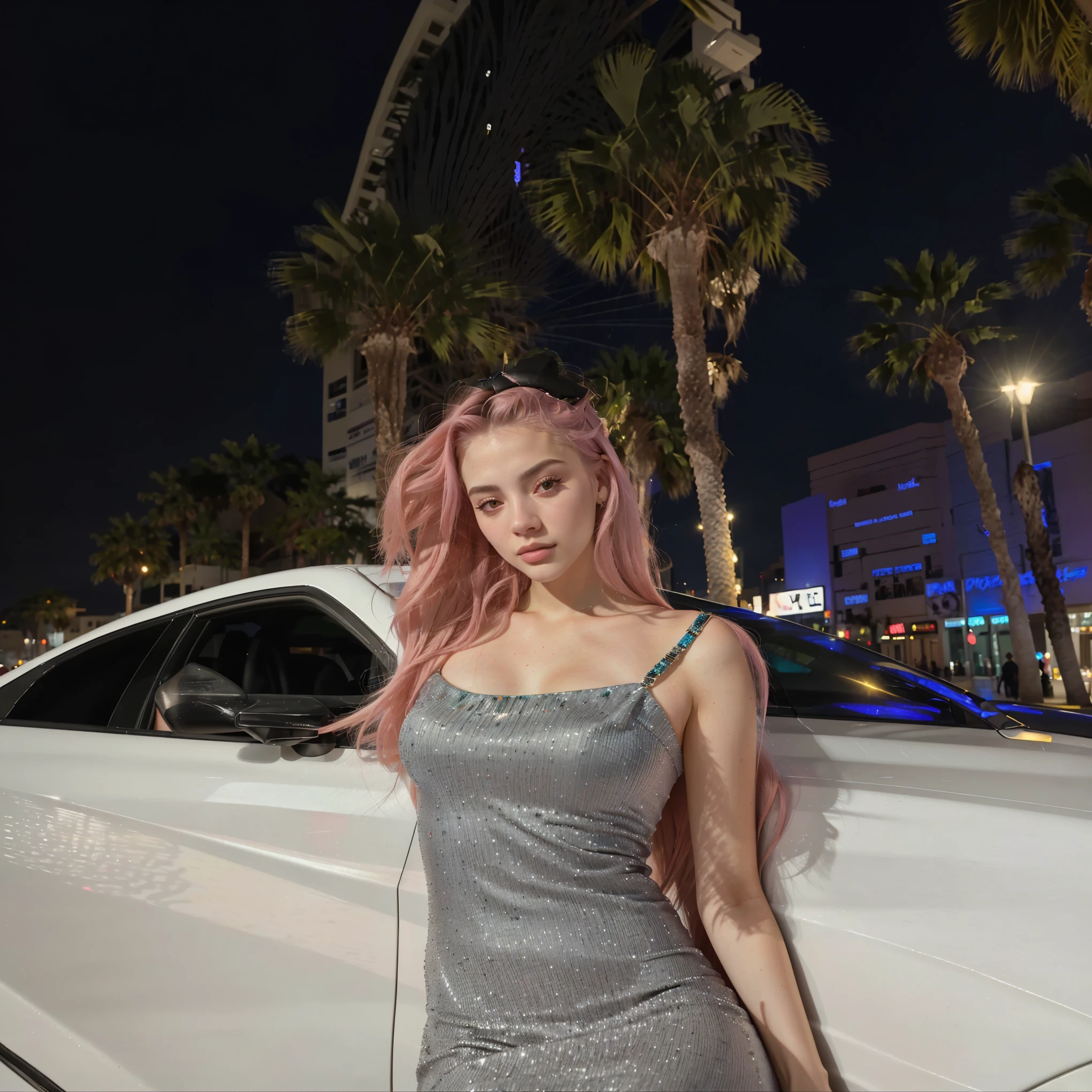 araffe posando frente a un auto blanco en una ciudad, in las vegas, en una calle de las vegas, 2 4 year old female model, sydney sweeney, modelo de instagram, pose casual, amoranto, Vestido apretado, estilo de julia razumova, yelena belova, ava max, con gafas, retrato de kim petras