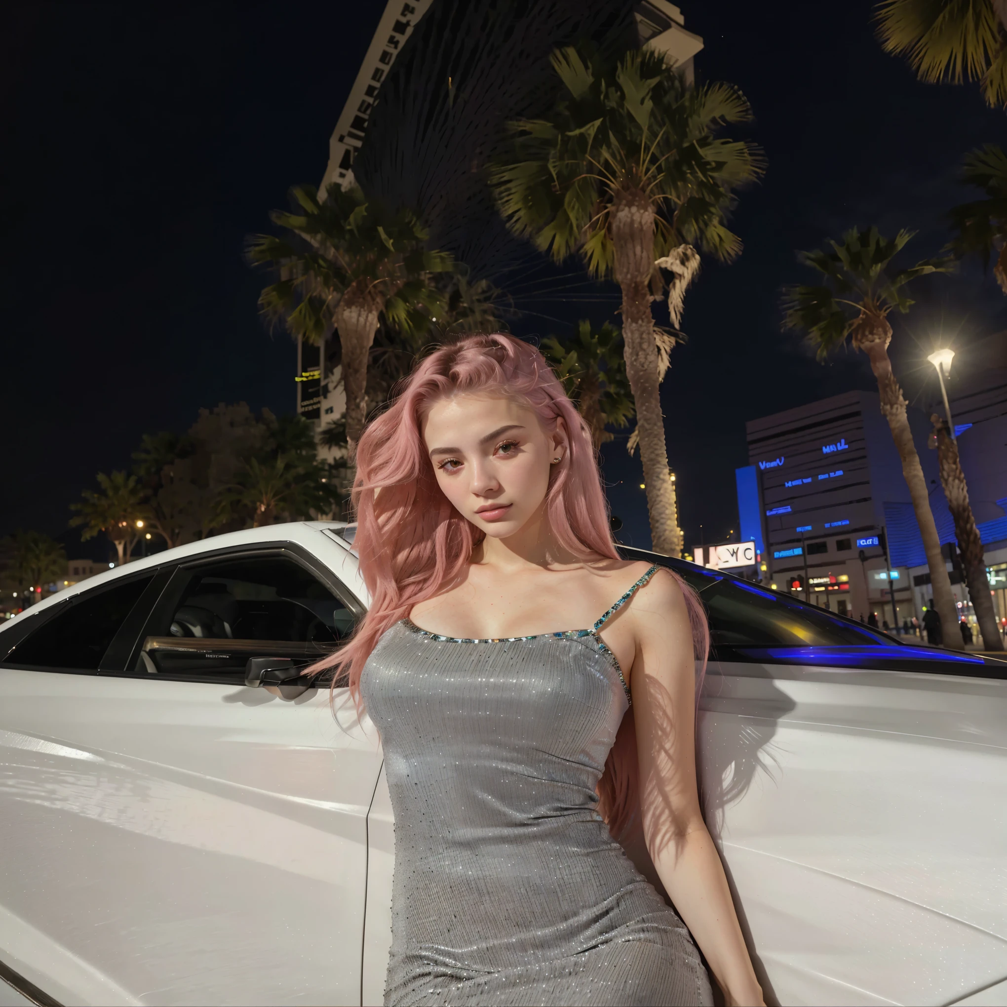 araffe posando frente a un auto blanco en una ciudad, in las vegas, en una calle de las vegas, 2 4 year old female model, sydney sweeney, modelo de instagram, pose casual, amoranto, Vestido apretado, estilo de julia razumova, yelena belova, ava max, con gafas, retrato de kim petras